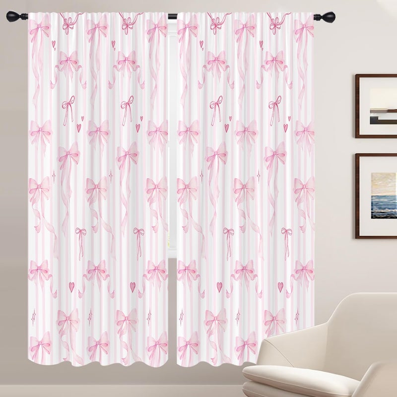 Coxila Pink Bow Window Curtain for Bedroom 52 x 84 Inch Rod Pocket Cute Girly Girls Kawaii Princess Pastel Design Romantic Beauty Aesthetic Home Living Room Treatment Set of 2 Curtain Panels Drapes - Image 1